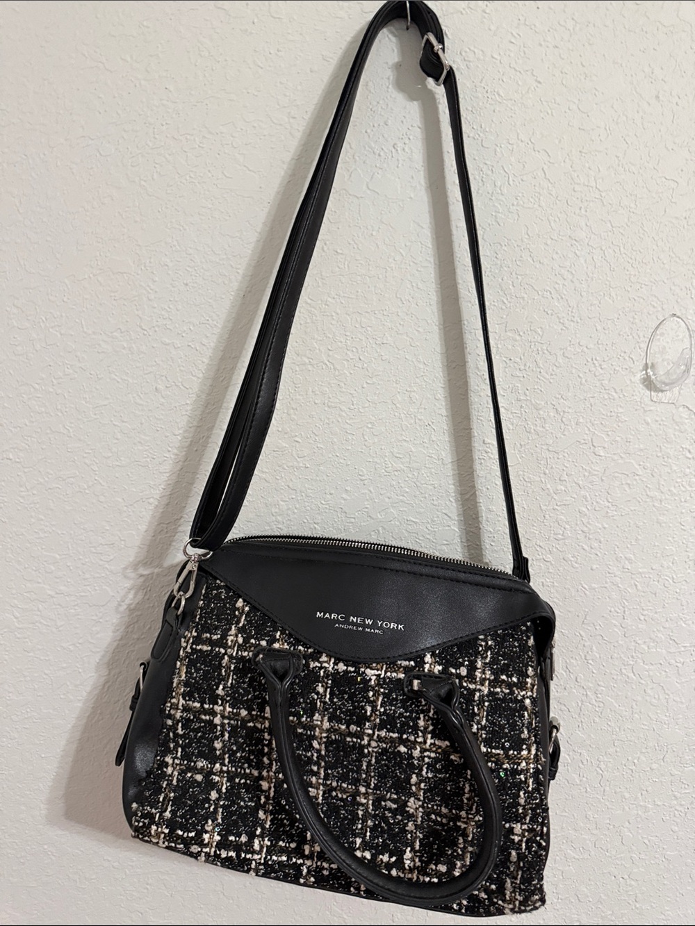 Marc New York Black and Cream Tweed Satchel with Leather Trim